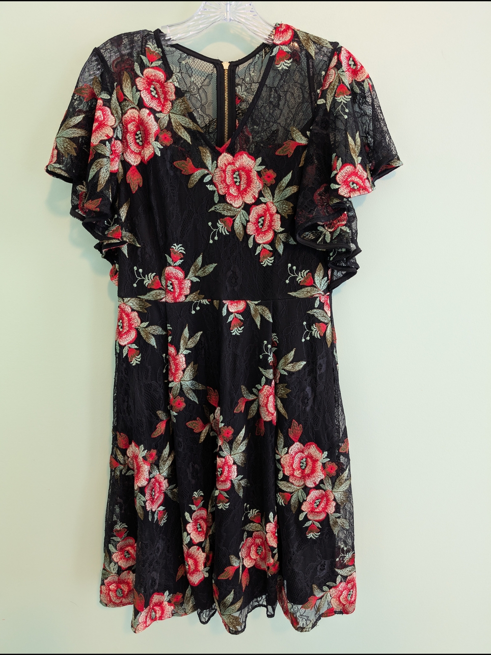 Calvin Klein Black Lace Dress with Red Floral Embroidery- Women's Size 6